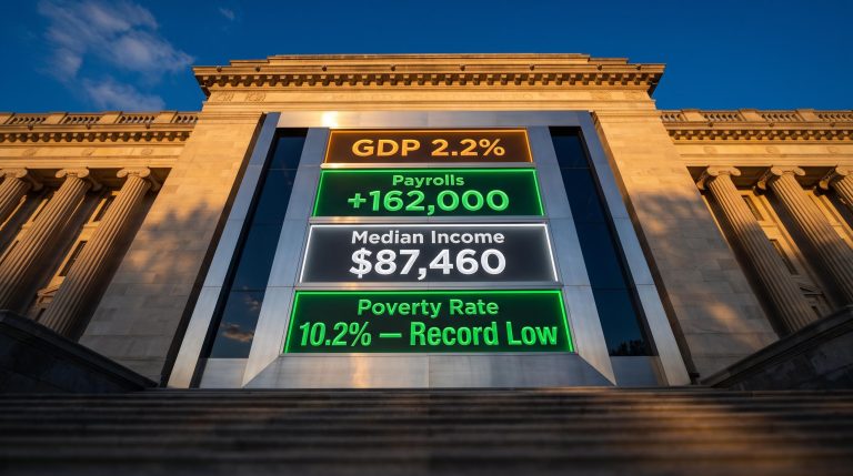 Washington D.C. federal building scoreboard displaying record US economic data — GDP, payrolls, and household income figures