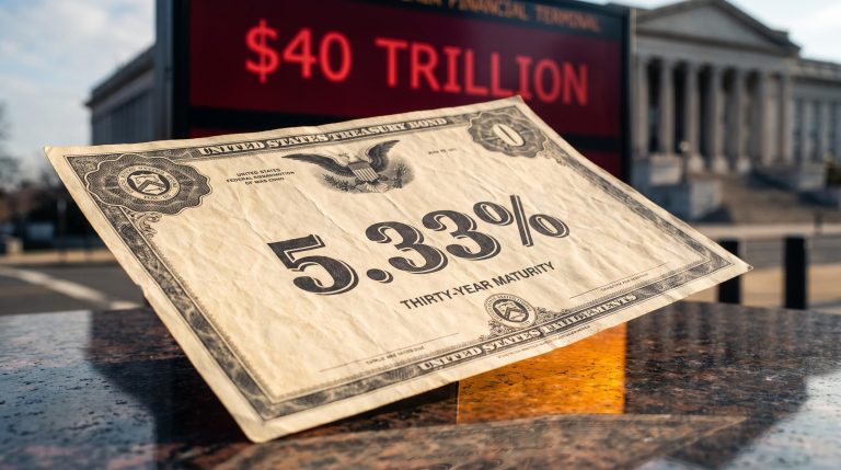30-year US Treasury bond certificate showing 5.33% yield with $40 trillion debt on terminal behind it