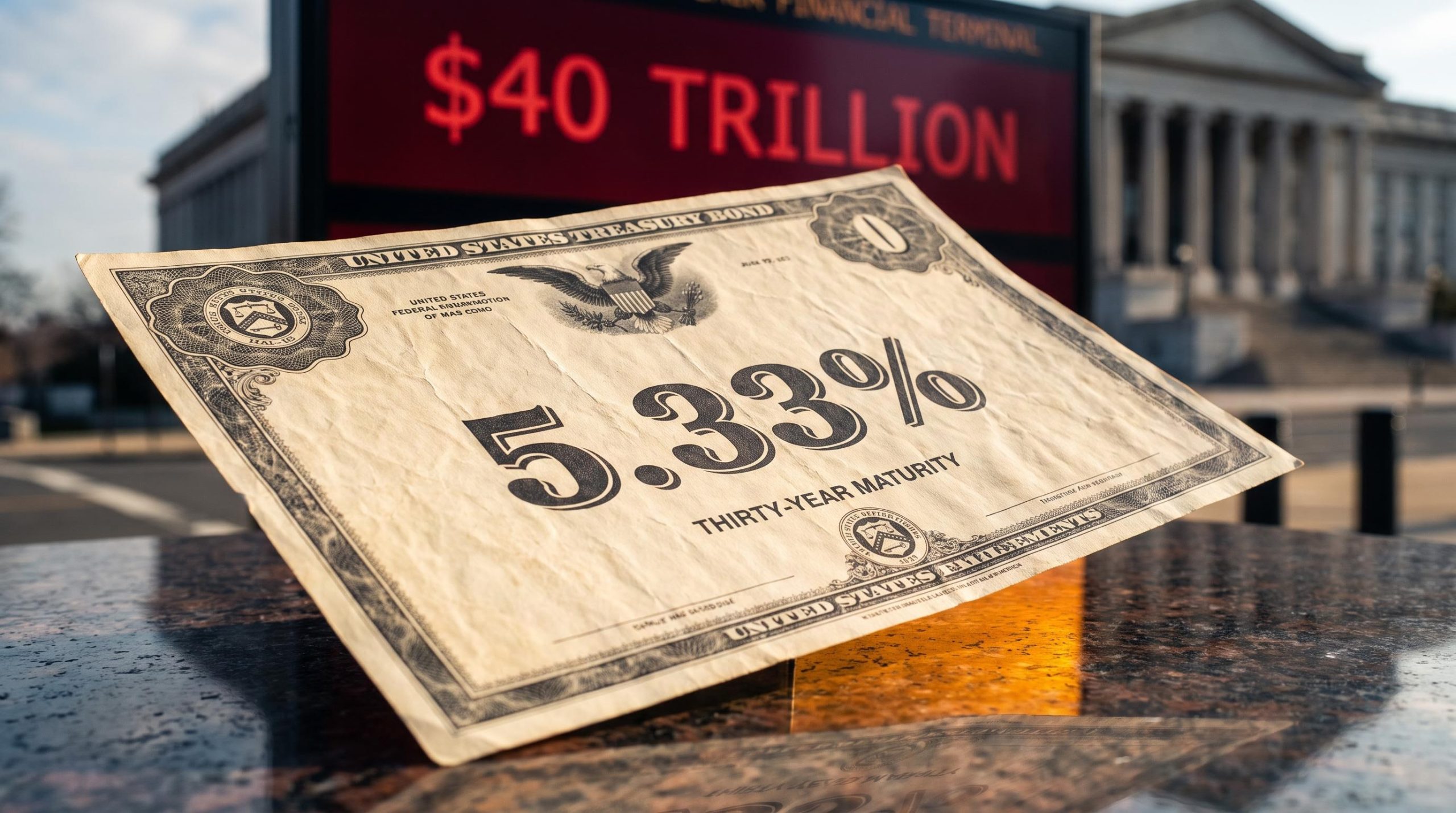 30-year US Treasury bond certificate showing 5.33% yield with $40 trillion debt on terminal behind it