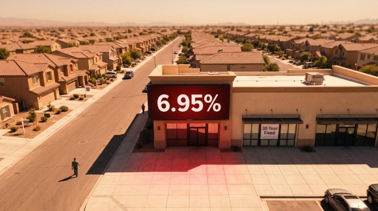 Sun Belt suburb with 6.95% mortgage rate billboard signals US housing market correction through 2028