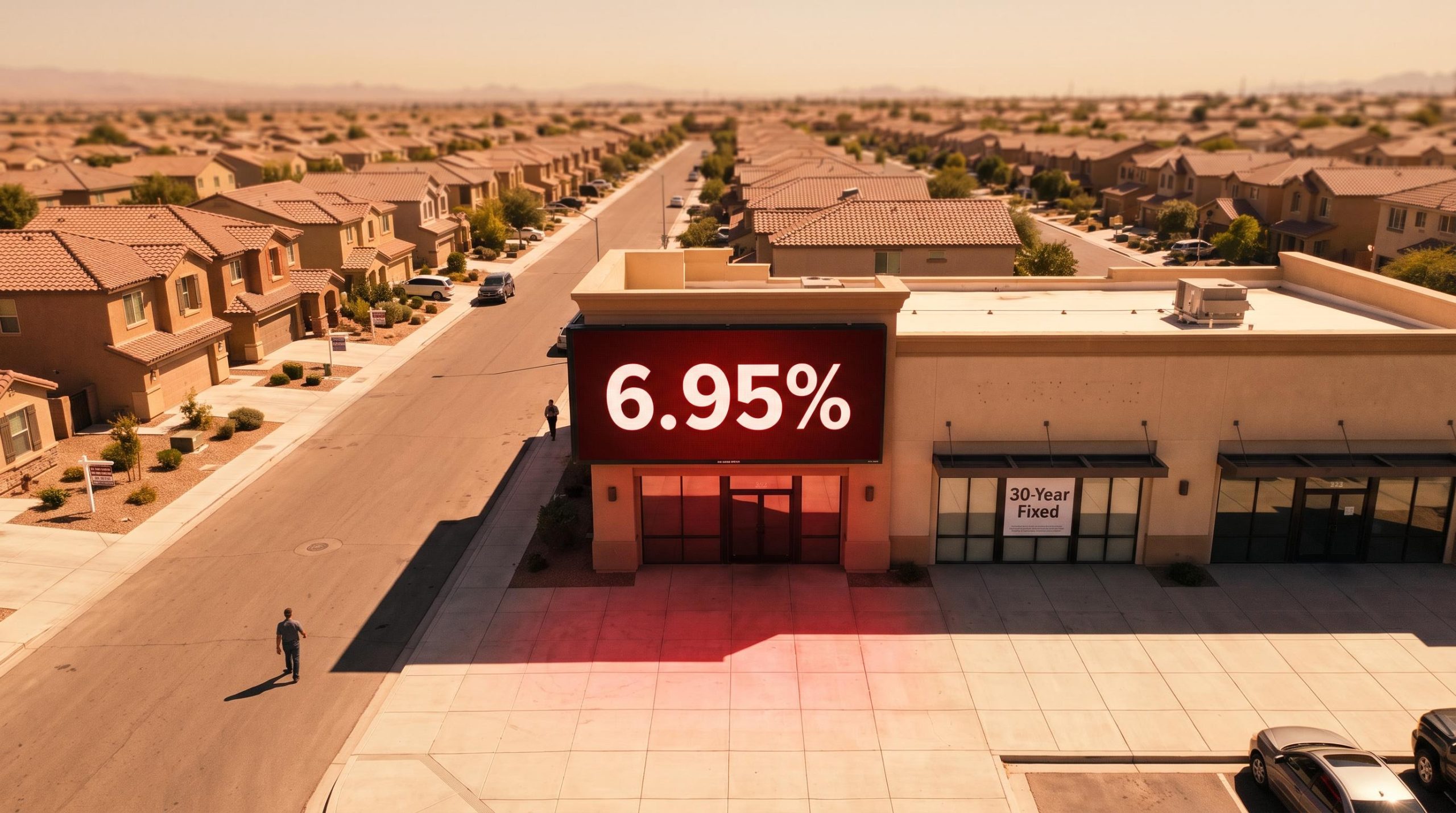 Sun Belt suburb with 6.95% mortgage rate billboard signals US housing market correction through 2028