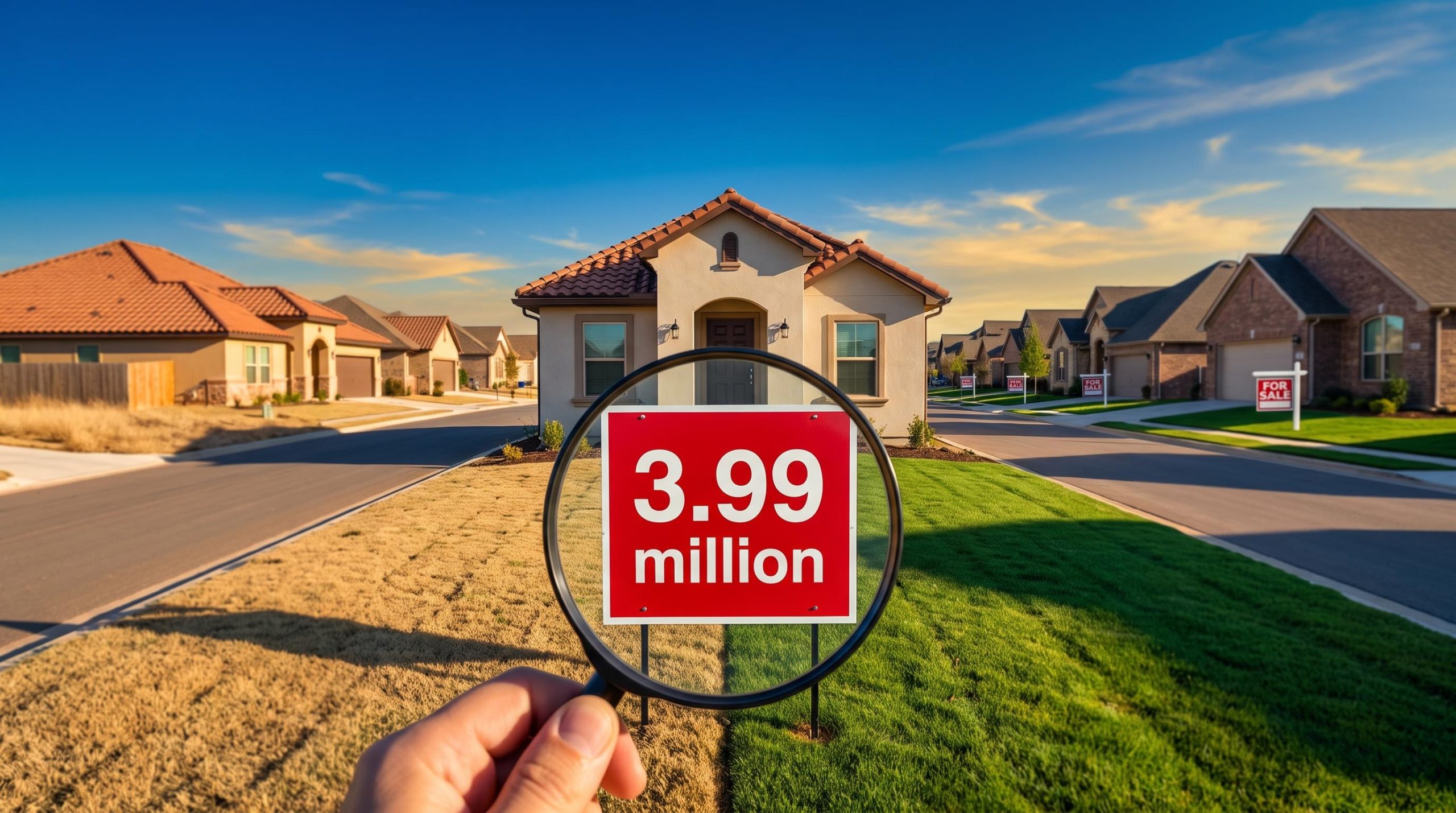 US housing market crash analysis: for-sale sign reading 3.99 million outside a Sunbelt suburban home under a magnifying glass