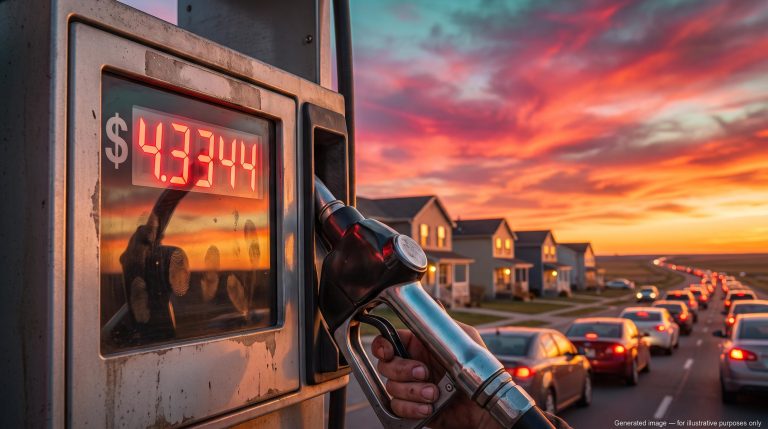 Gas pump displaying $4.3344 at sunset, reflecting energy-driven pressure in the US inflation outlook