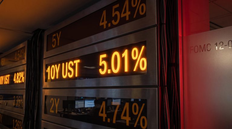 US 10-year Treasury yield at 5.01% on bond trading board as Fed hikes rates 12-0 to 3.75-4.00%