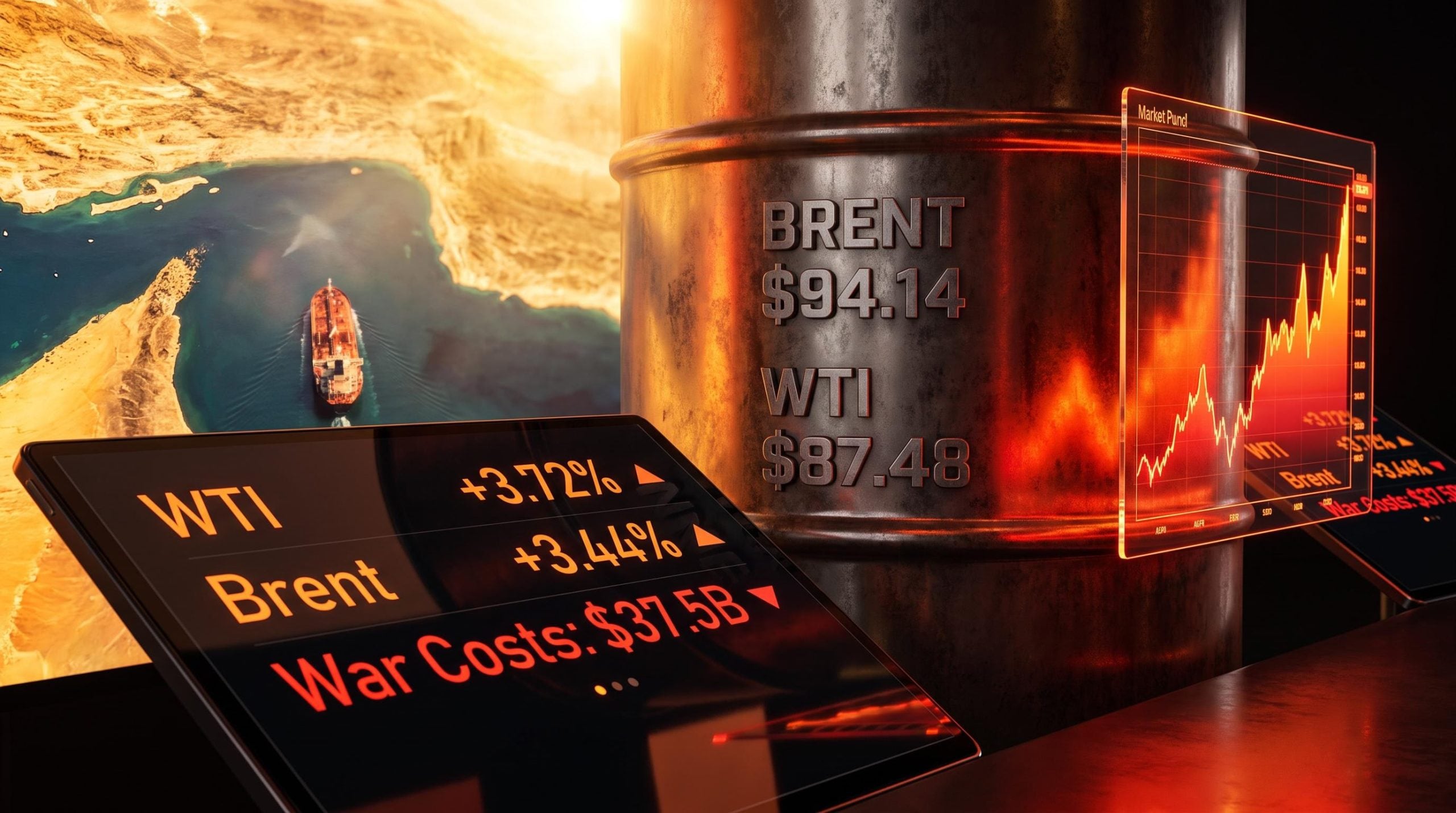 Brent crude at $94.14 and WTI at $87.48 as US-Iran conflict drives oil to five-week high on 22 July 2026