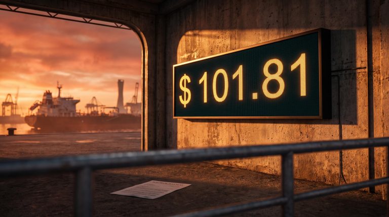 Oil price board showing $101.81 as tankers loom in a Persian Gulf port amid US-Iran Hormuz deal rumours