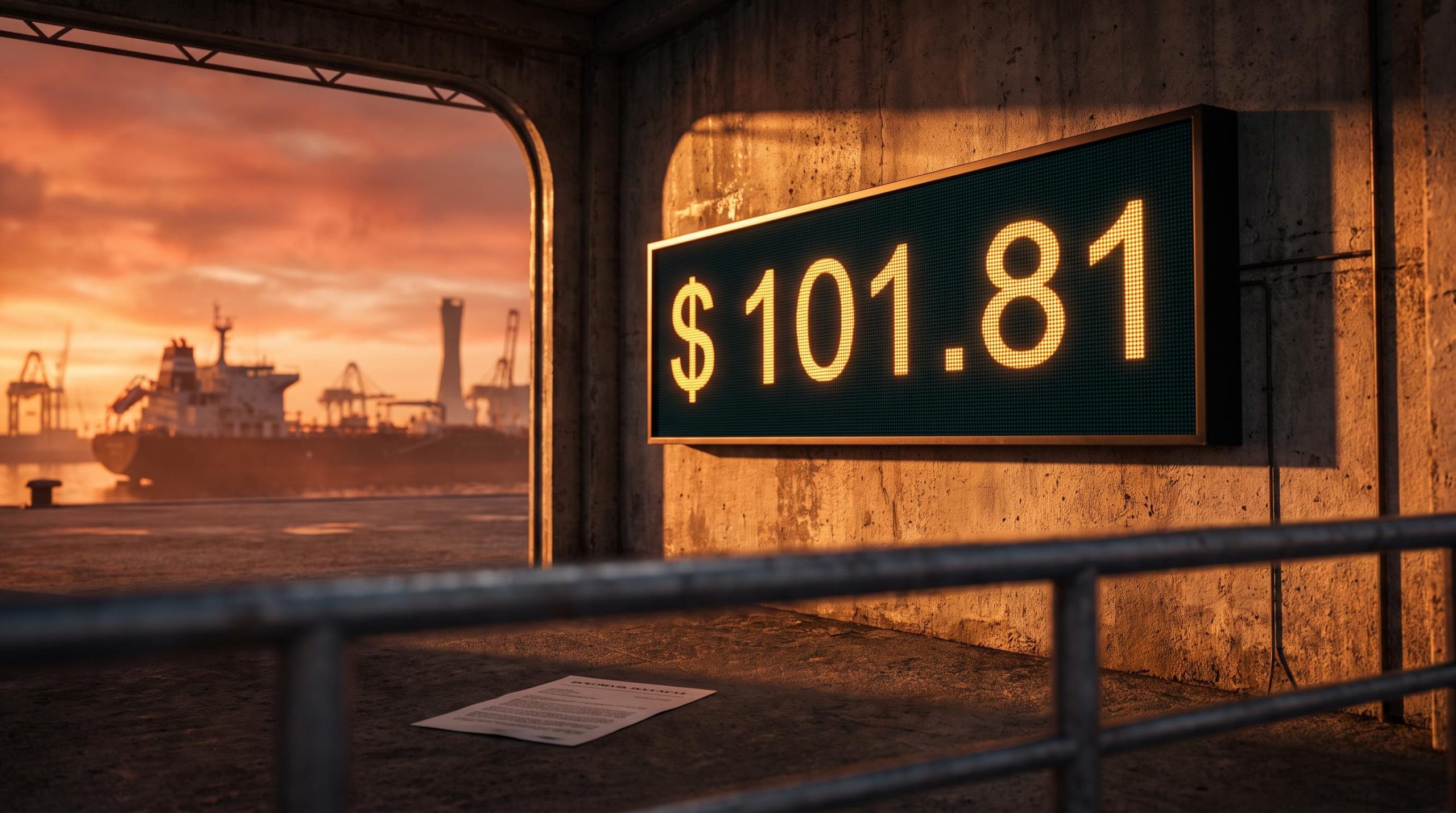 Oil price board showing $101.81 as tankers loom in a Persian Gulf port amid US-Iran Hormuz deal rumours