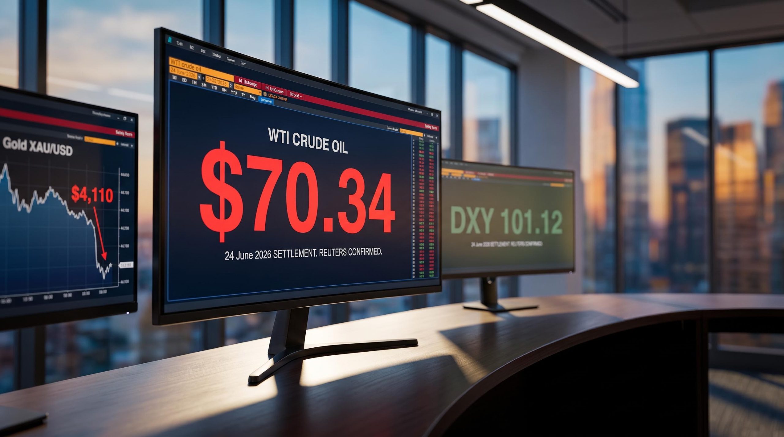 WTI crude at $70.34 on trading terminal as US-Iran sanctions waiver drives oil, gold, and dollar divergence