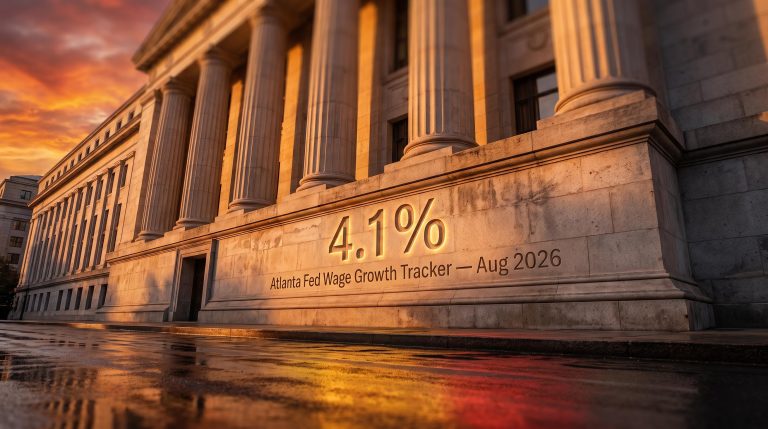 Federal Reserve facade with 4.1% Atlanta Fed wage tracker etched in stone, signalling US labor force inflation risk