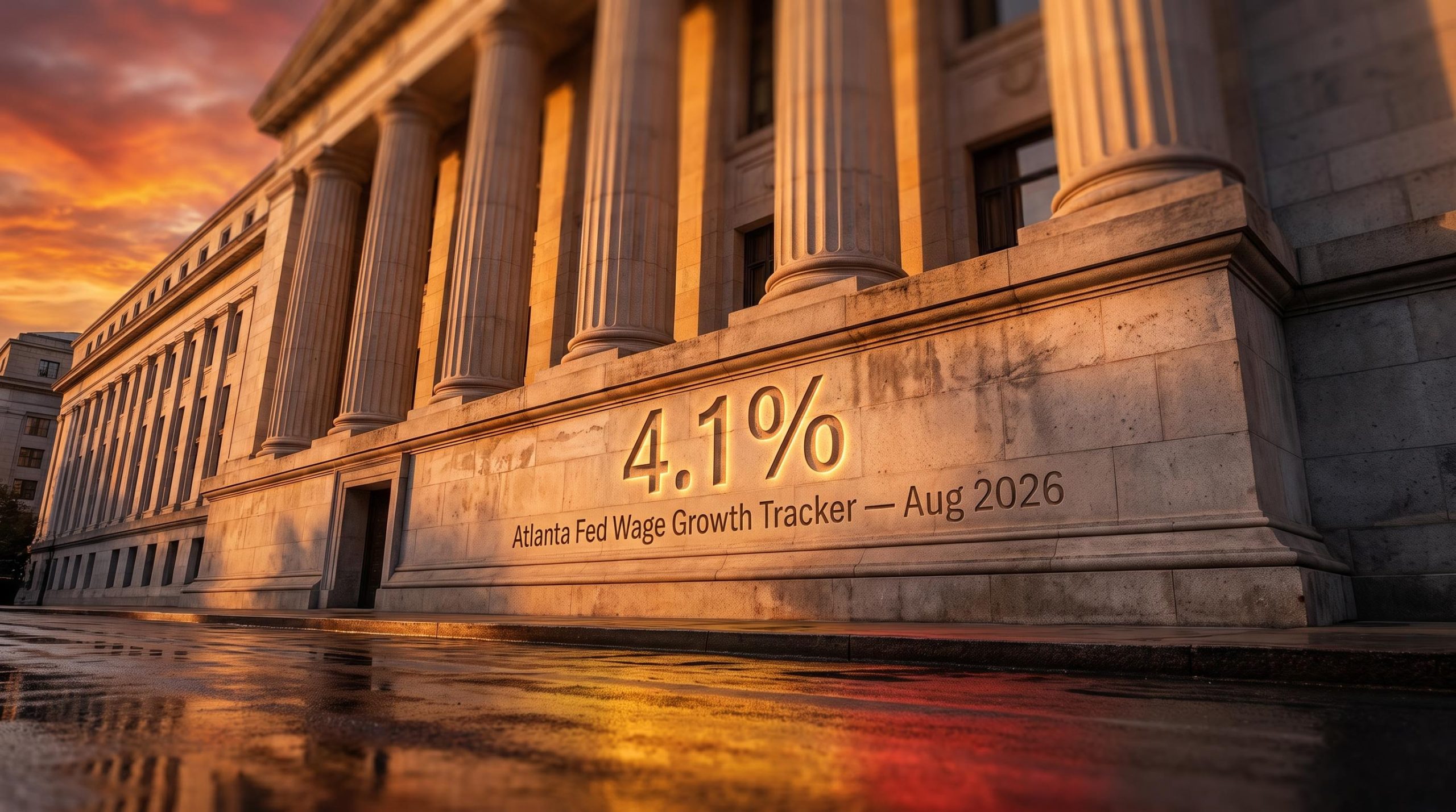 Federal Reserve facade with 4.1% Atlanta Fed wage tracker etched in stone, signalling US labor force inflation risk