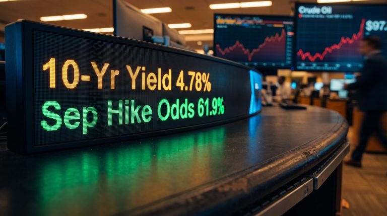 Trading terminal showing Fed hike odds at 61.9% and 10-year Treasury yield at 4.78% after August payrolls beat
