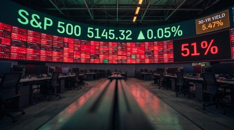 S&P 500 trading wall showing green headline index above cascading red tickers, 30-yr yield at 5.47%