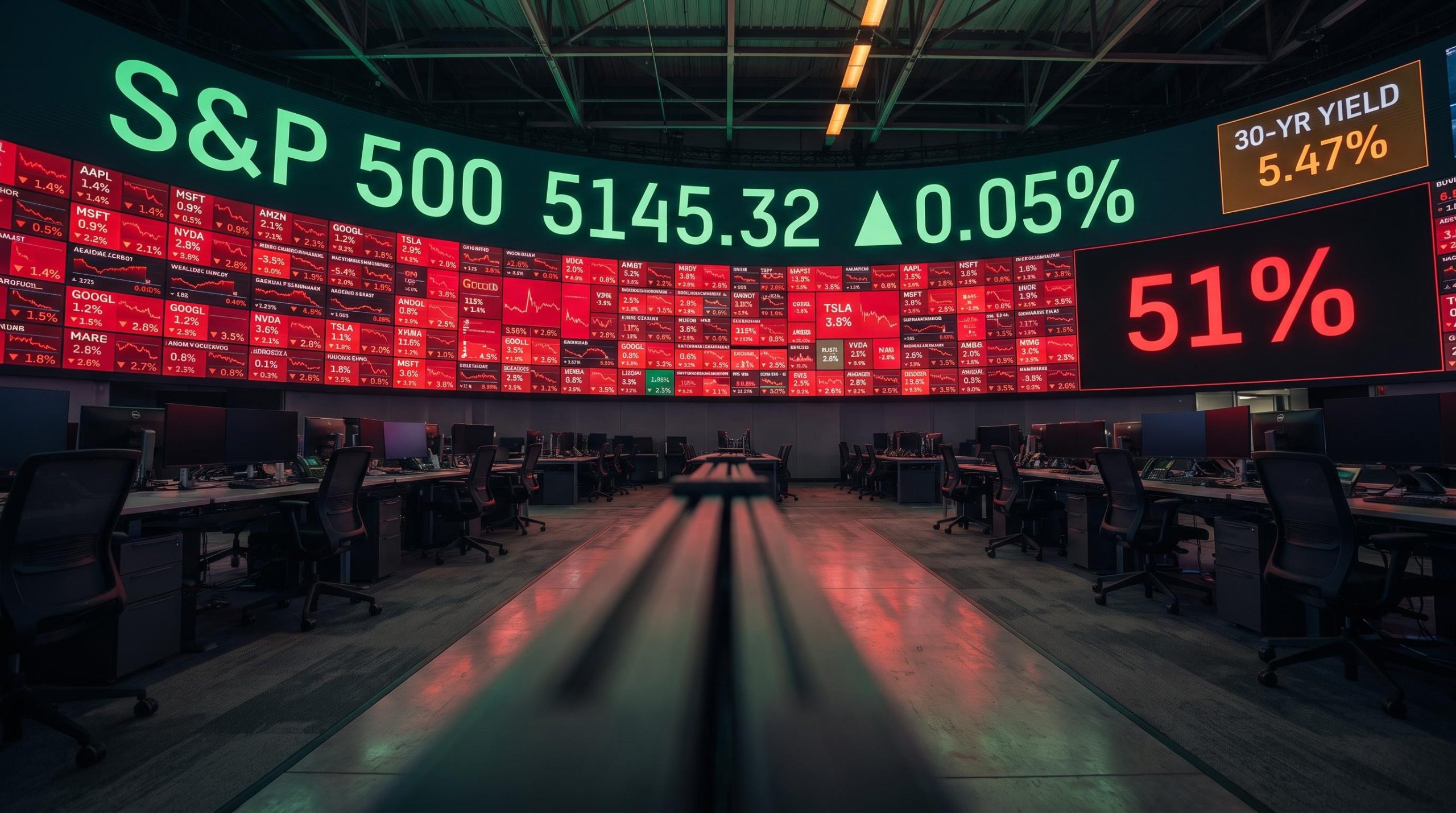 S&P 500 trading wall showing green headline index above cascading red tickers, 30-yr yield at 5.47%