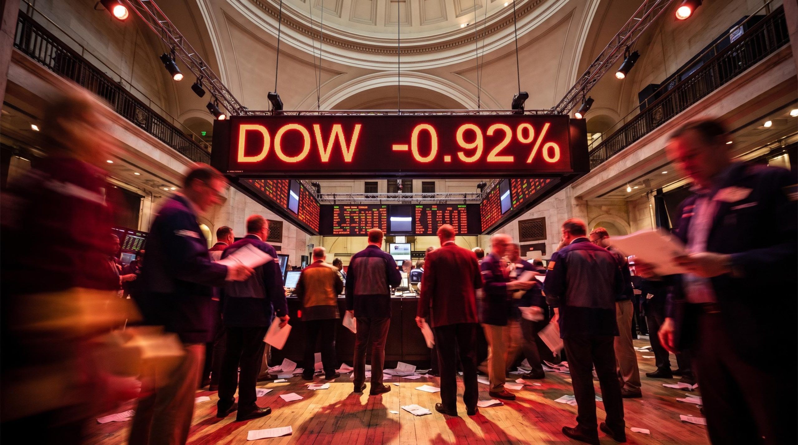 NYSE trading floor bathed in red with Dow futures down 0.92% as US markets face triple macro pressure