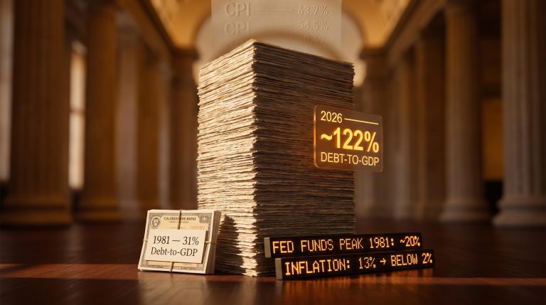 Towering Treasury bond stack comparing US national debt 31% GDP in 1981 vs 122% in 2026 with inflation data overlays