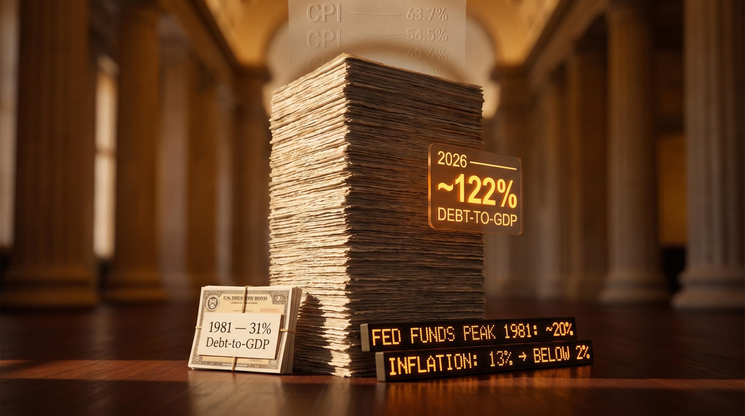 Towering Treasury bond stack comparing US national debt 31% GDP in 1981 vs 122% in 2026 with inflation data overlays