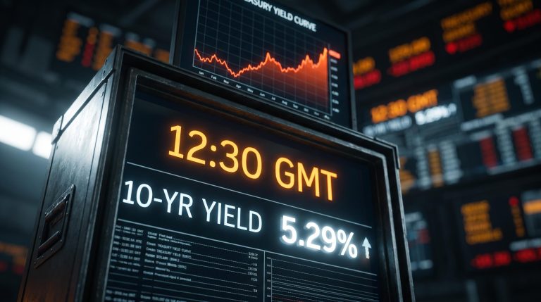 Treasury yield terminal showing 5.29% as US Nonfarm Payrolls report arrives at 12:30 GMT
