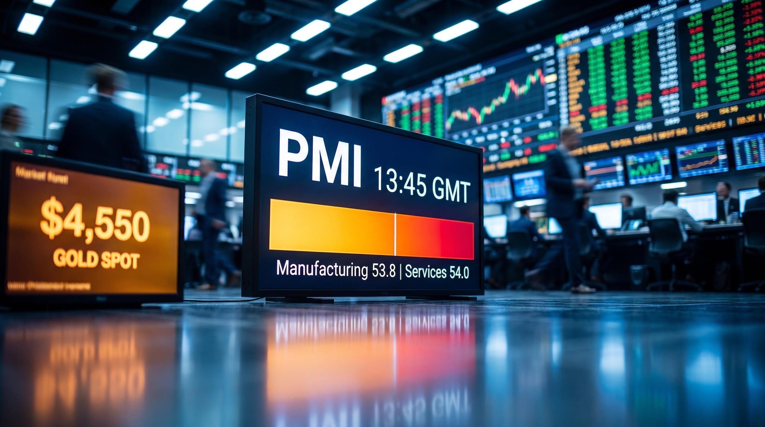 Live trading floor screens showing US PMI consensus data at 13:45 GMT with gold at $4,550 amid Dollar pressure