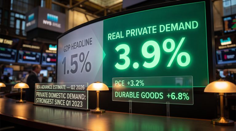 BEA Q2 2026 GDP data screen showing 1.5% headline vs 3.9% real private demand — strongest since Q1 2023