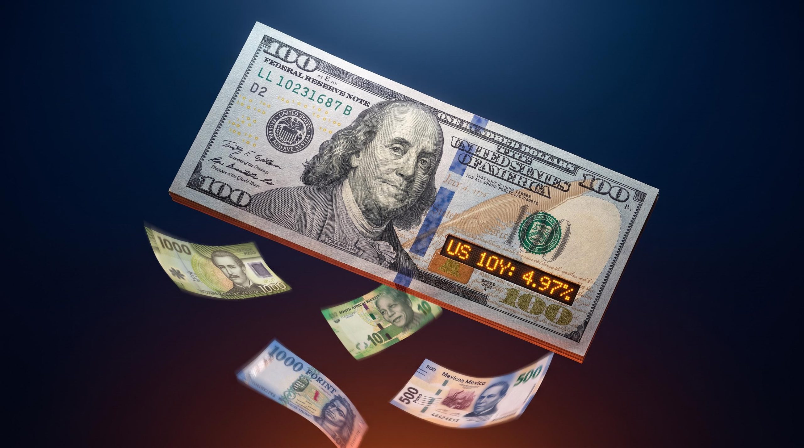 US dollar bill pulling Chilean, South African, rand and forint currencies downward as 10-year Treasury yield hits 4.97%