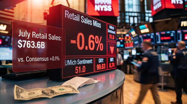 US retail sales drop -0.6% in July with DXY at 99.63 and UMich sentiment falling to 51.0