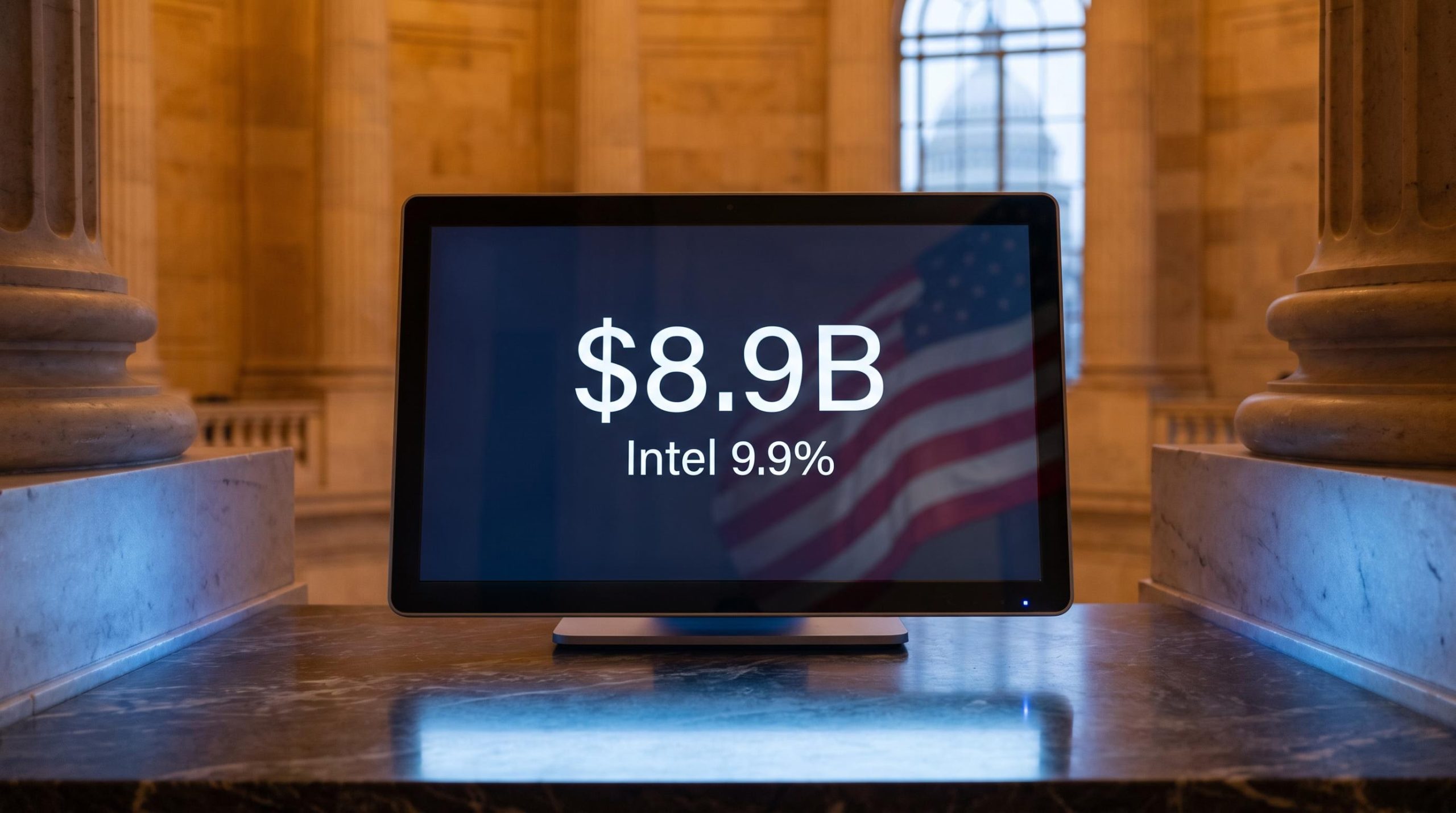 Federal interior terminal displaying $8.9B Intel stake as U.S. sovereign wealth fund scrutiny intensifies
