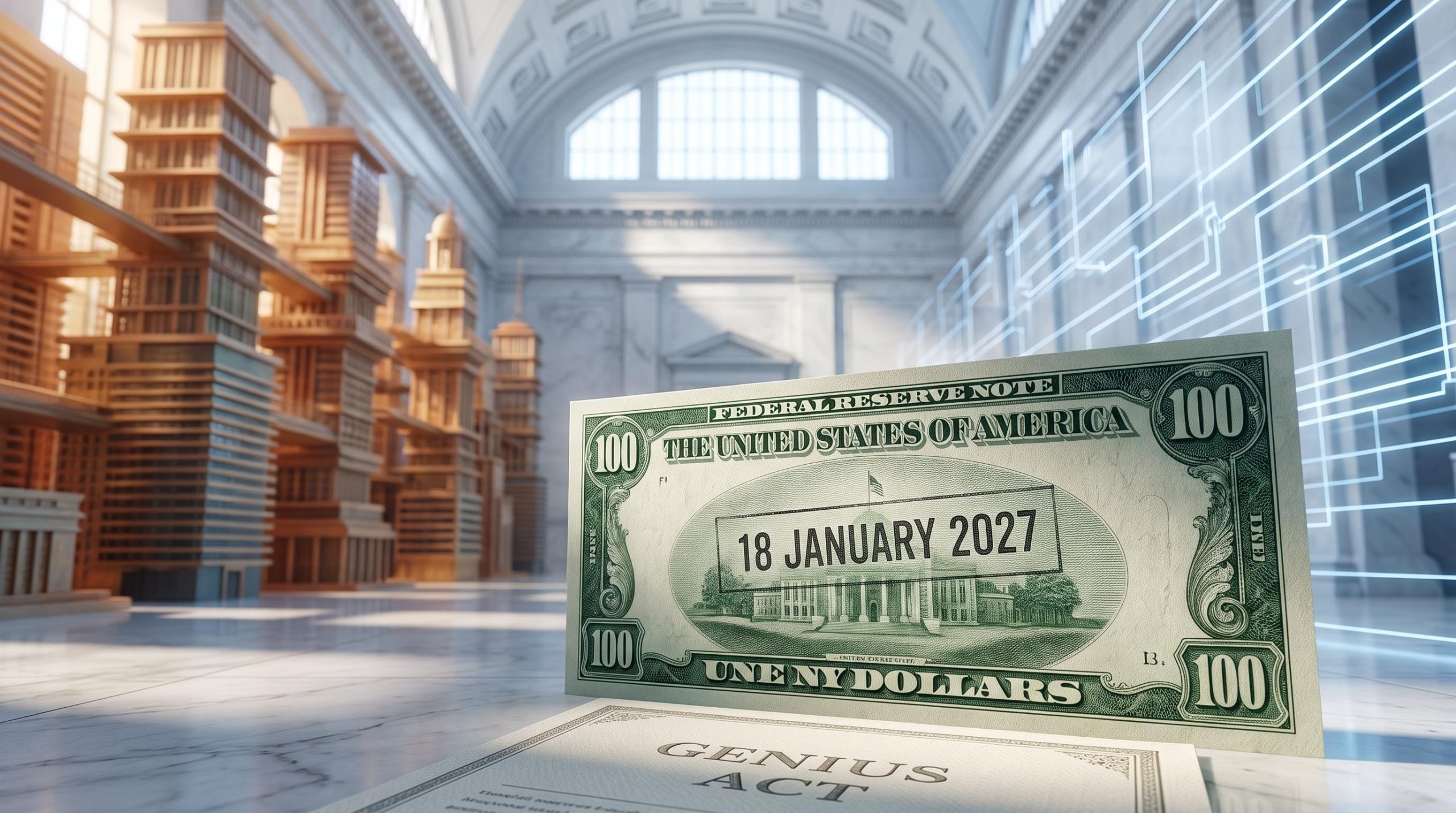 US Treasury bill at centre of two dollar architectures — GENIUS Act stablecoin rails vs Eurodollar network