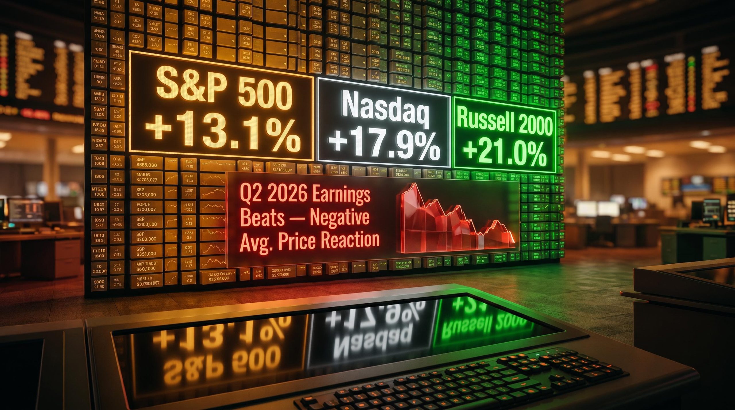 US stock market rally boards showing S&P 500 +13.1%, Nasdaq +17.9%, Russell 2000 +21.0% with earnings warning overlay
