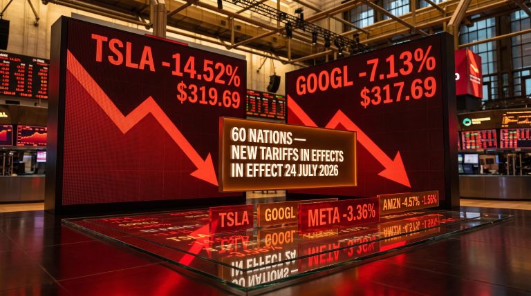 TSLA -14.52% and GOOGL -7.13% ticker boards with 60-nation tariff overlay on US stock market news