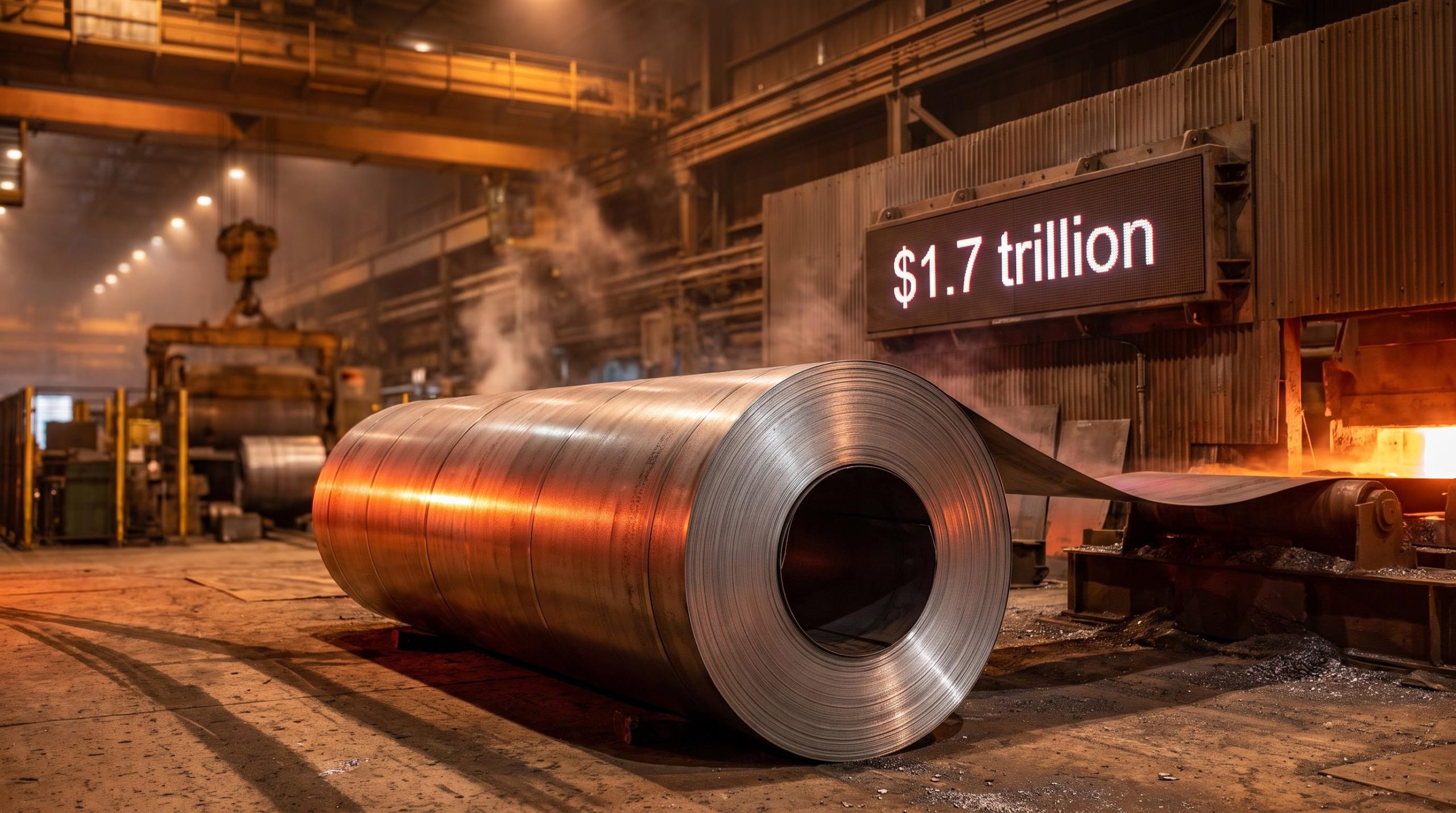 Massive steel coil in a US mill with $1.7 trillion tariff loss figure — US tariff policy structural risk