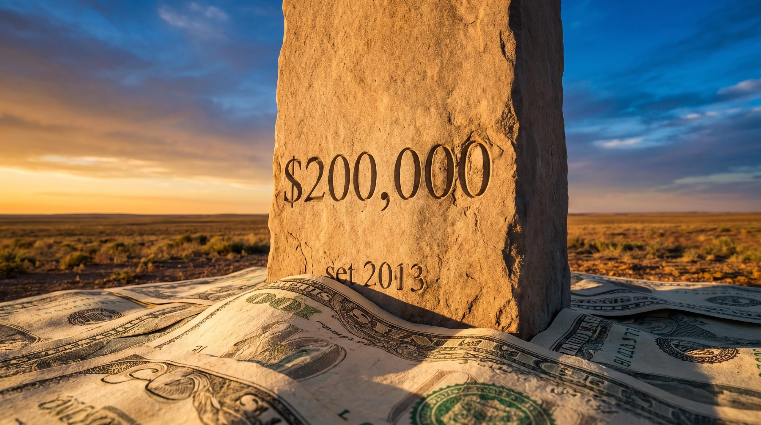 Stone monument carved with "$200,000" NIIT threshold stands unchanged as rising income tide surrounds it