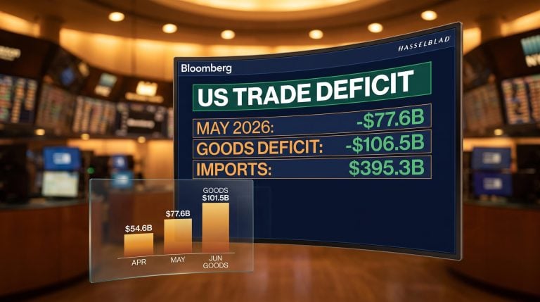 US trade deficit May 2026 $77.6B terminal display with April–June deficit trend data on trading floor