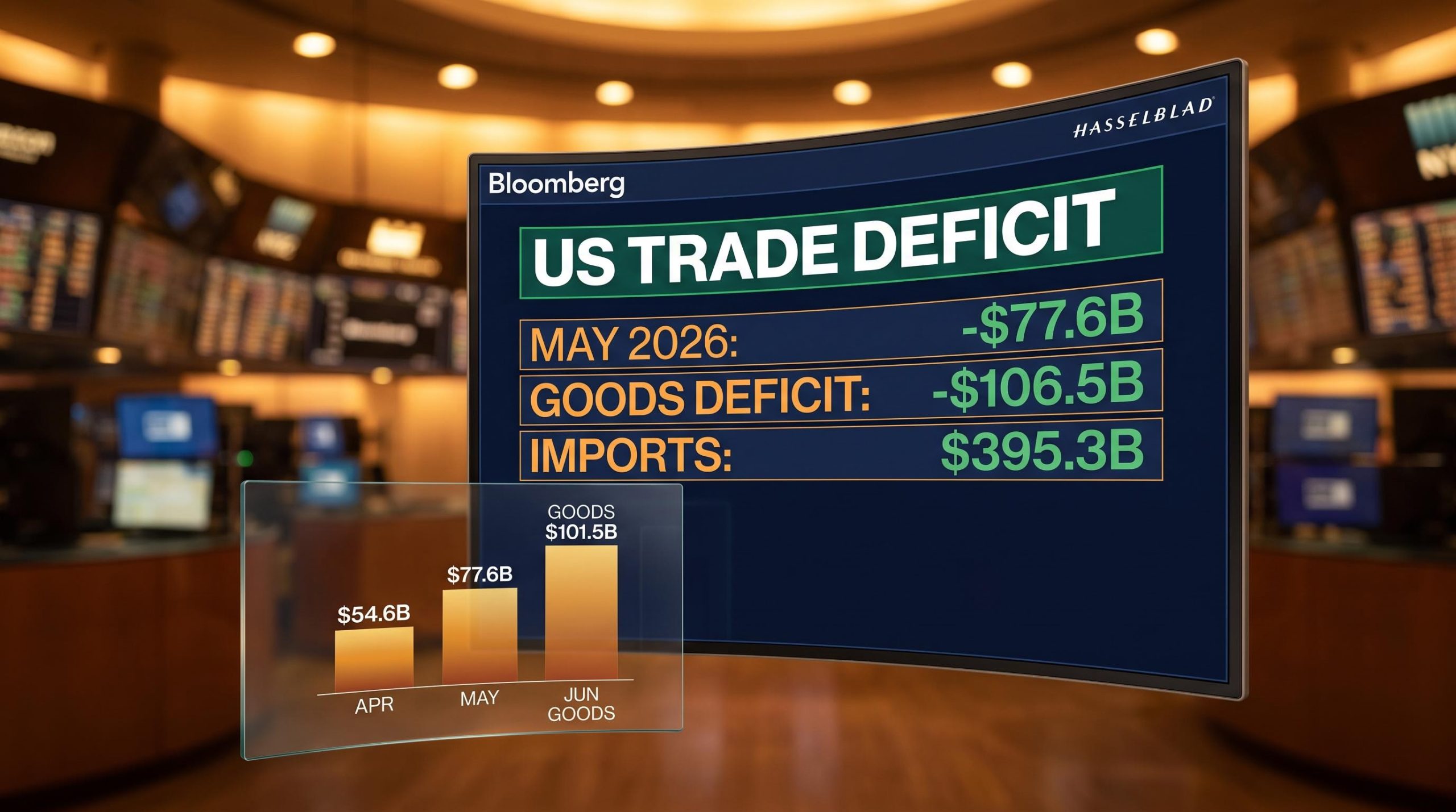 US trade deficit May 2026 $77.6B terminal display with April–June deficit trend data on trading floor