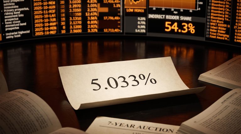 US Treasury 5-year auction result slip showing 5.033% yield on a trading desk, amber Bloomberg terminal behind