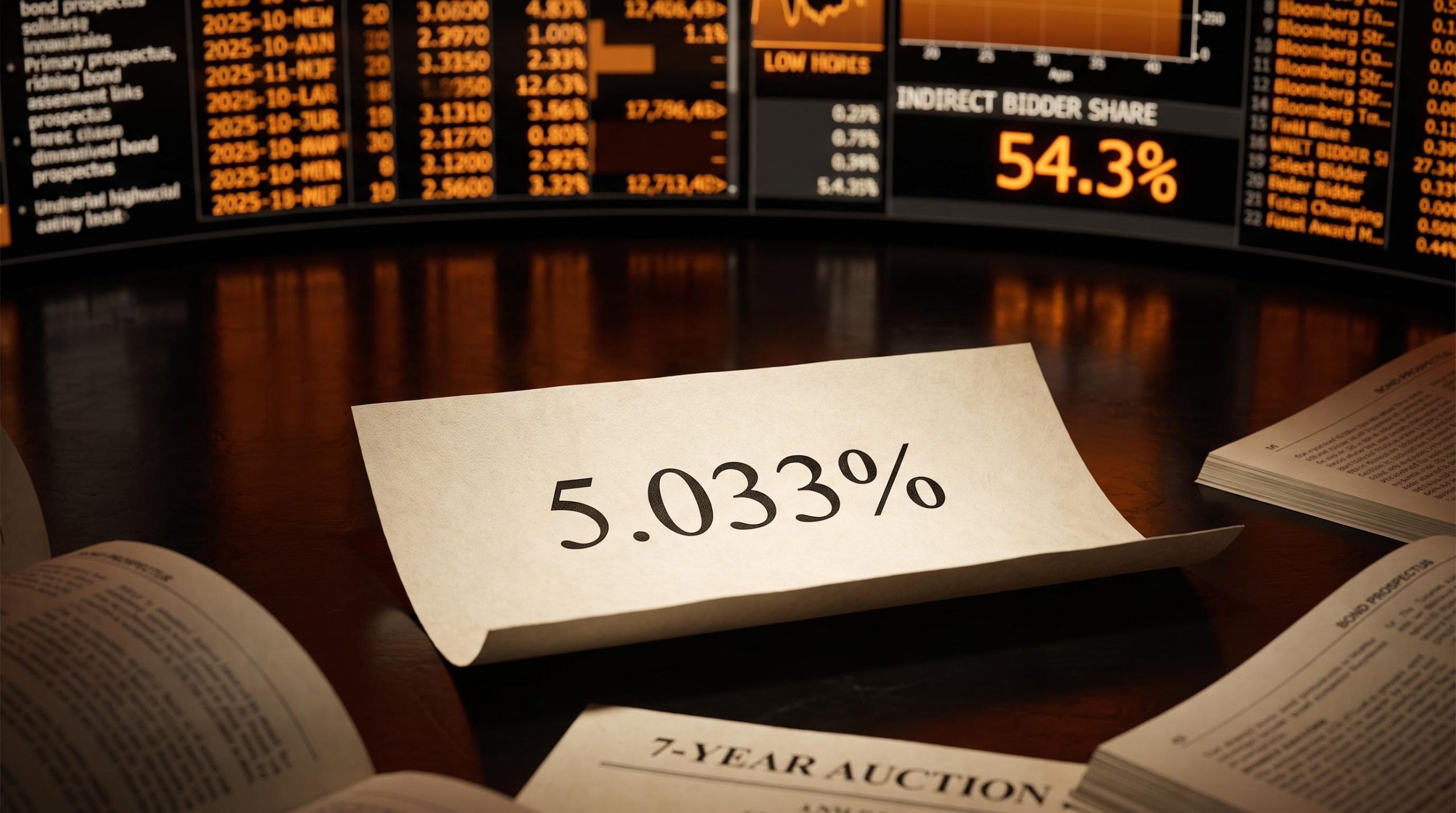 US Treasury 5-year auction result slip showing 5.033% yield on a trading desk, amber Bloomberg terminal behind