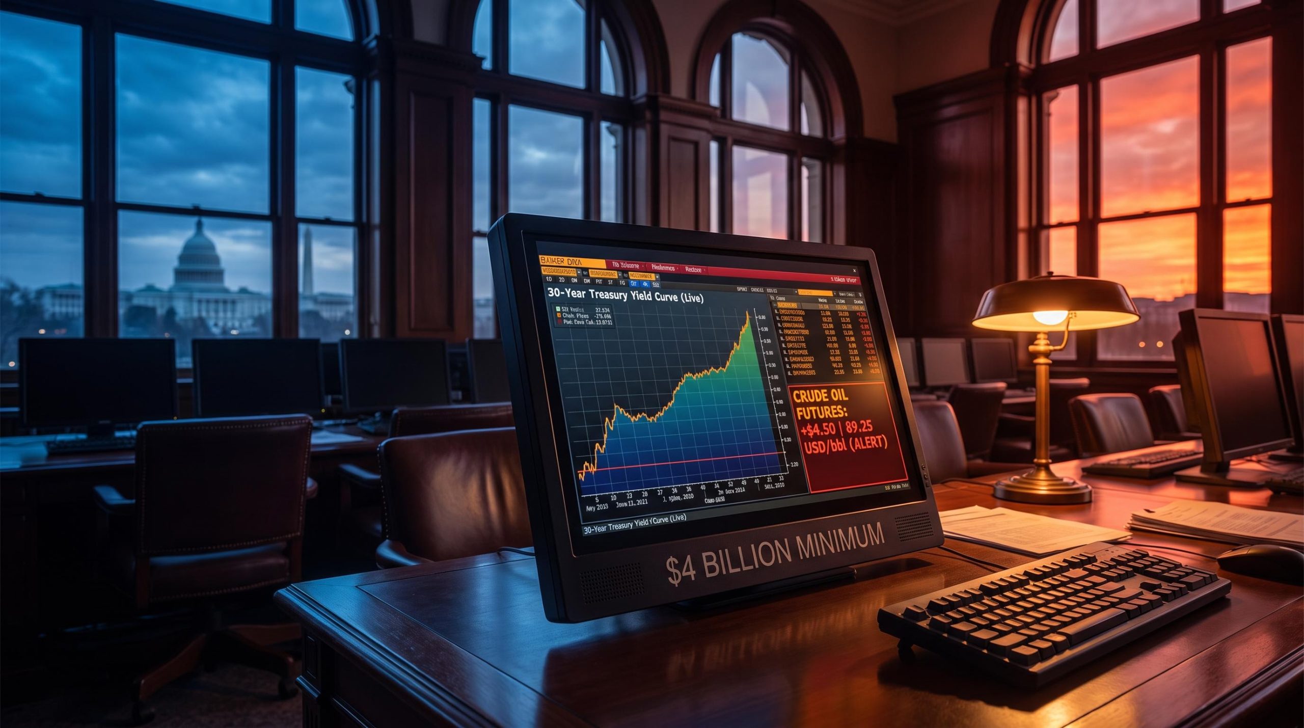 US Treasury bond buyback terminal showing $4 billion ceiling with oil-price surge splitting the long-yield outlook