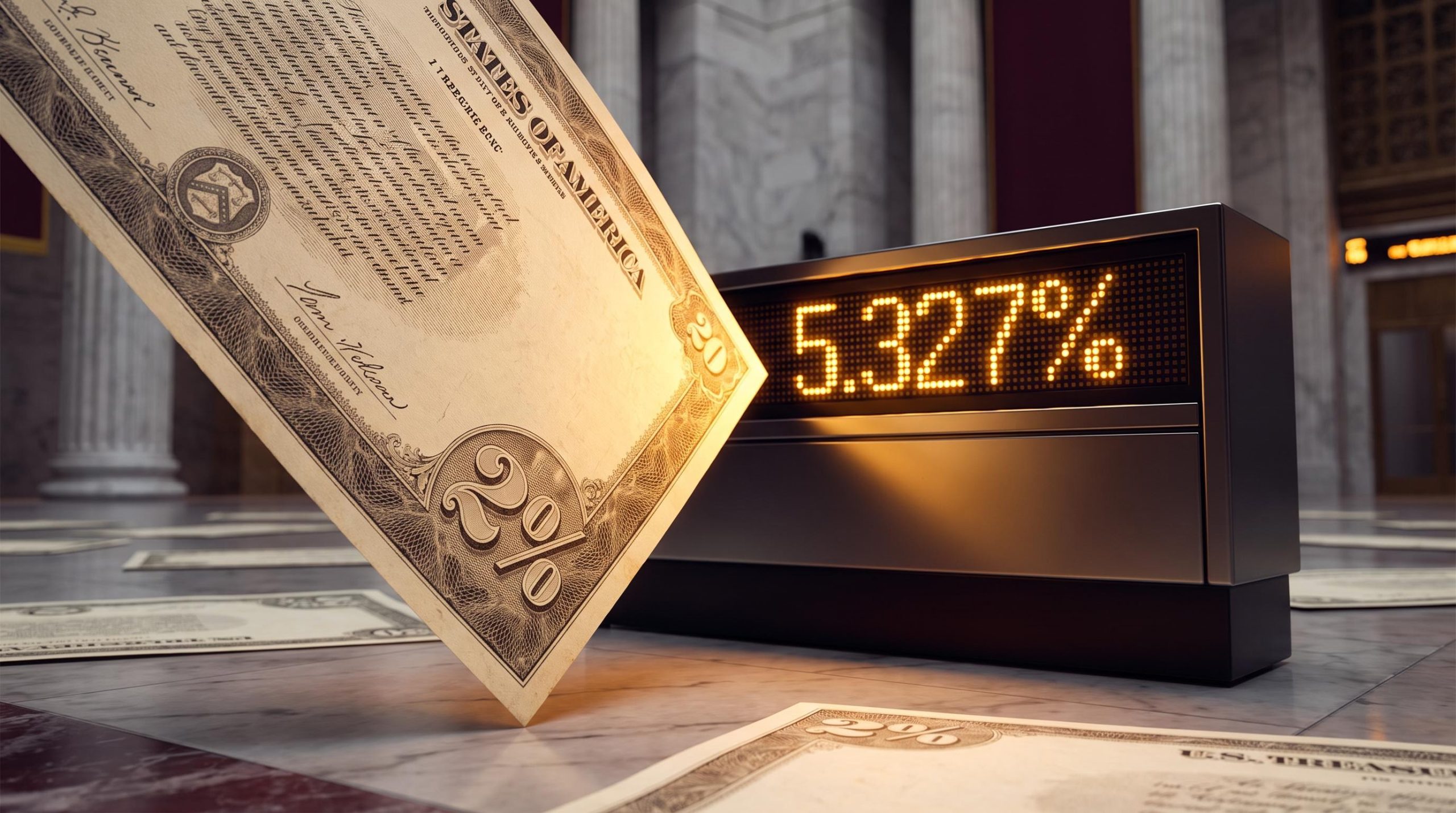 Oversized 30-year Treasury bond falling against a terminal showing 5.327% yield — a 19-year high