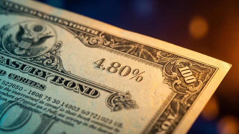 US Treasury bond certificate lit with opposing amber and blue tones showing 4.80% yield amid buyback and Fed rate tension
