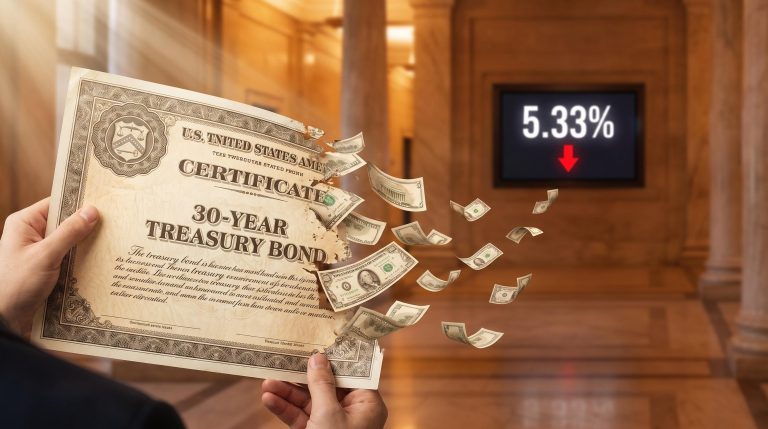 Oversized 30-year Treasury bond dissolving into short-dated bills, illustrating US Treasury buyback program maturity transformation