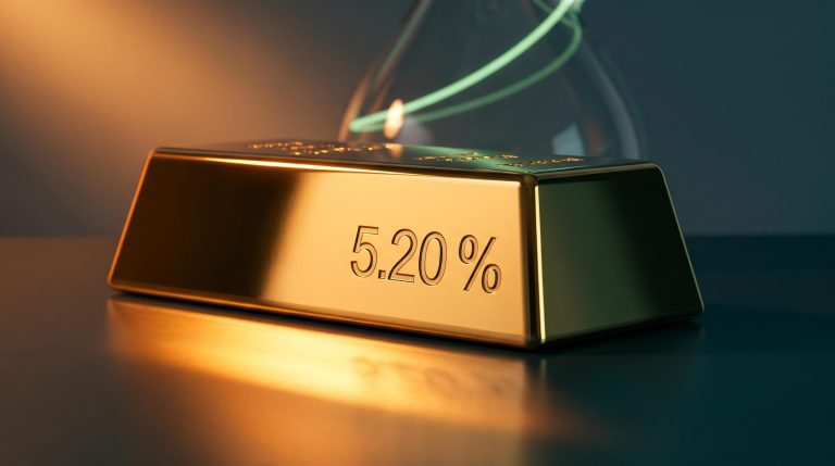 Gold bar engraved with 30-year Treasury yield 5.20% amid US Treasury debt buyback cascade