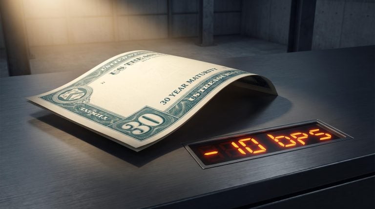 US Treasury 30-year bond under institutional compression with -10 bps yield readout, signalling financial repression