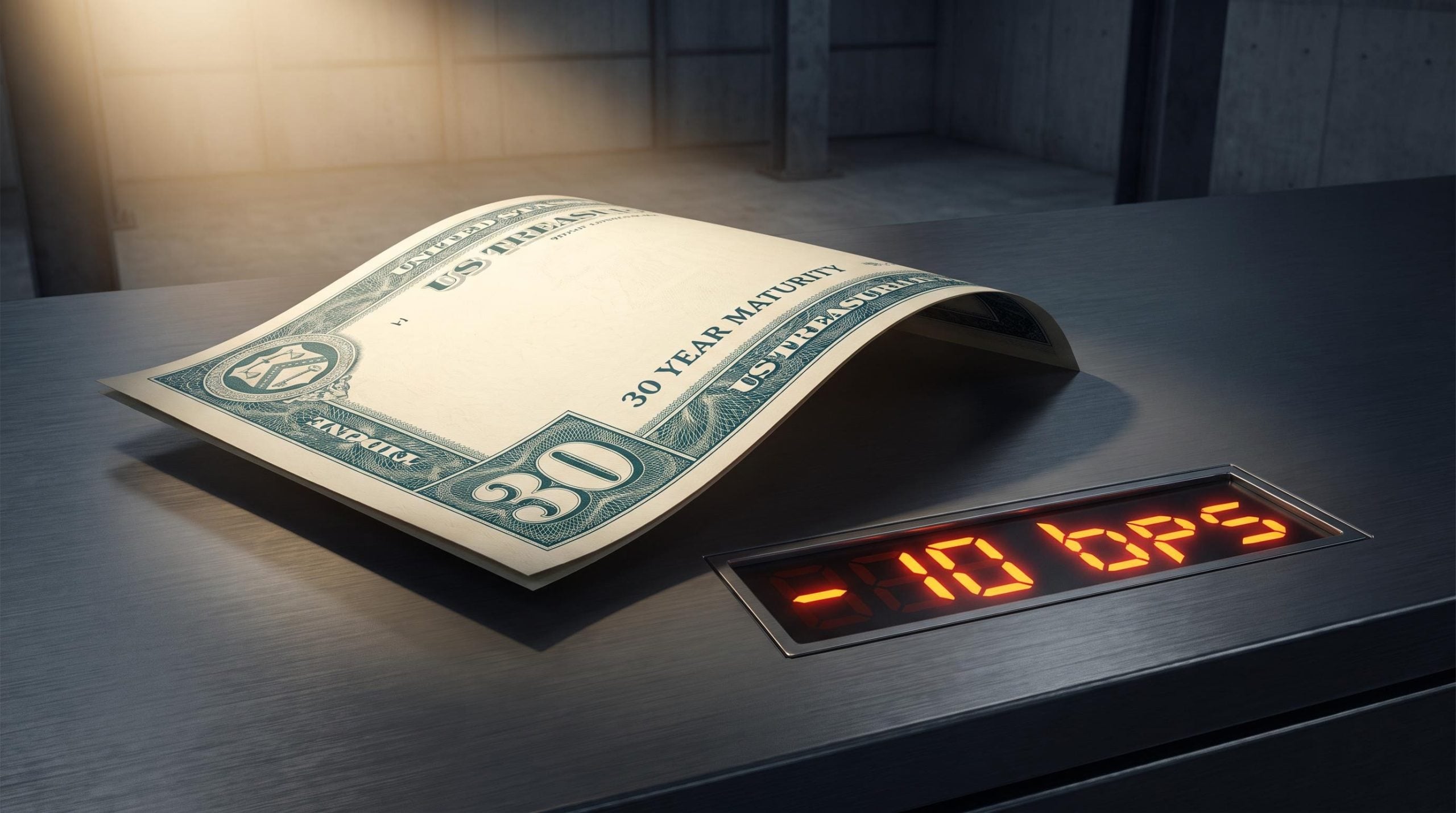 US Treasury 30-year bond under institutional compression with -10 bps yield readout, signalling financial repression