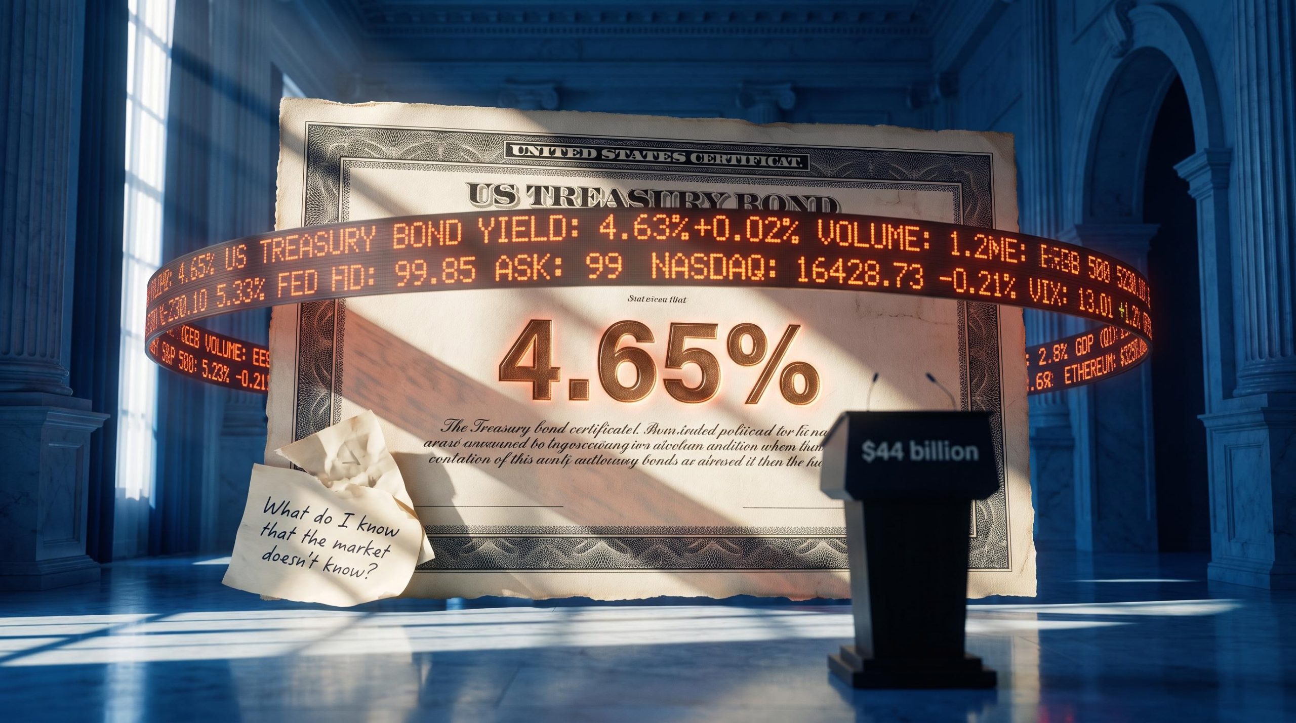 US Treasury bond certificate with "4.65%" yield and "$44 billion" auction marker in neoclassical hall — Bessent intervention analysis