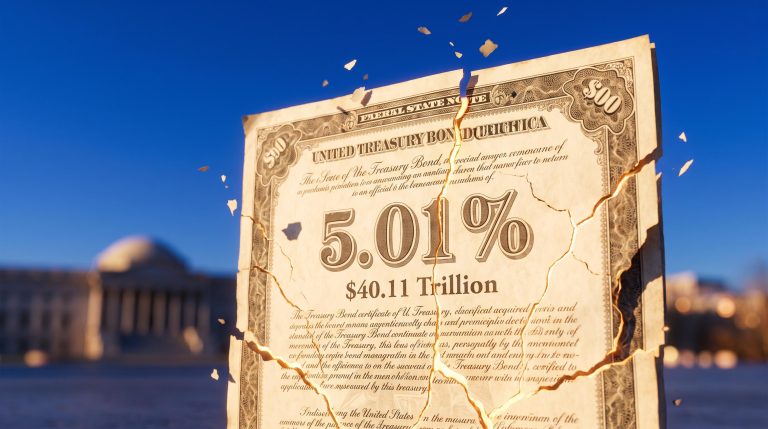 US Treasury bond cracking at its base with 5.01% yield rendered on its face as US Treasury market risk fractures