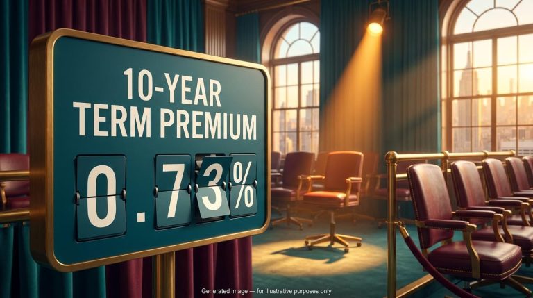 Split-flap board showing US Treasury term premium 0.73% in an empty trading room facing the Manhattan skyline at golden hour