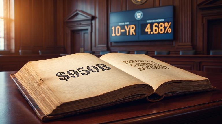 US Treasury General Account ledger open at $950B entry with 10-year yield display showing 4.68% in background