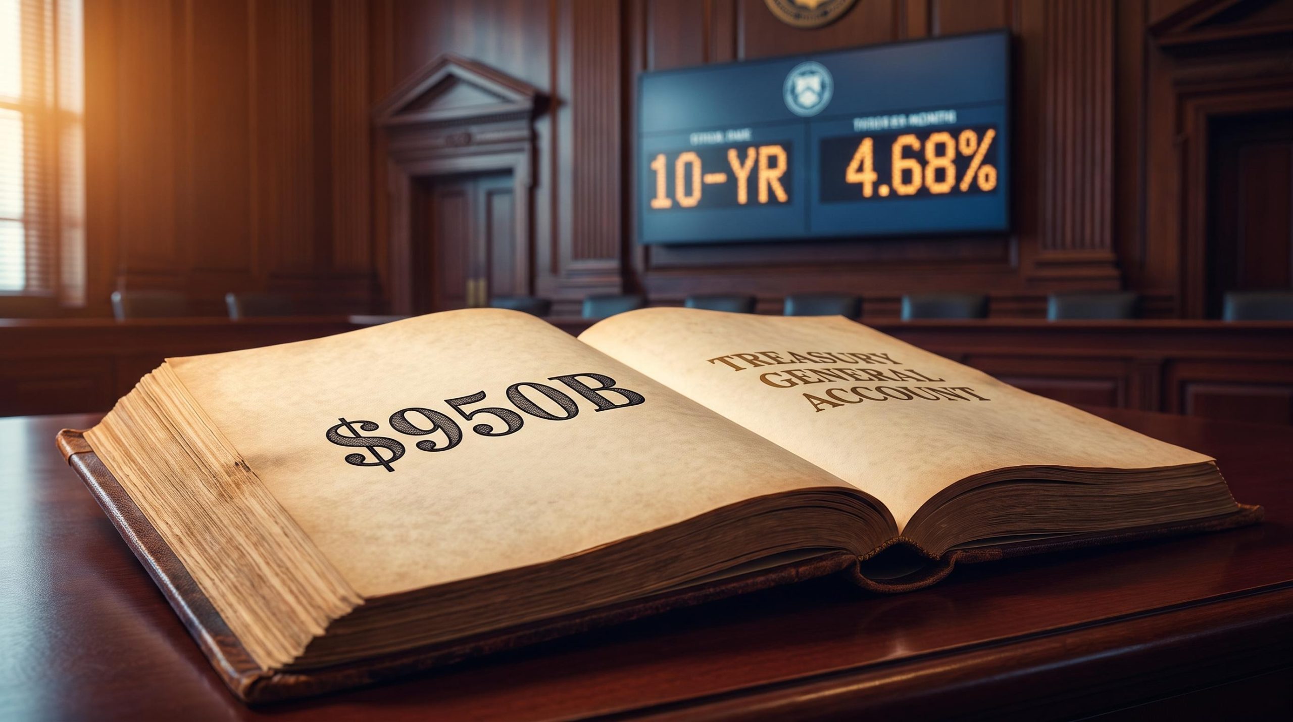 US Treasury General Account ledger open at $950B entry with 10-year yield display showing 4.68% in background