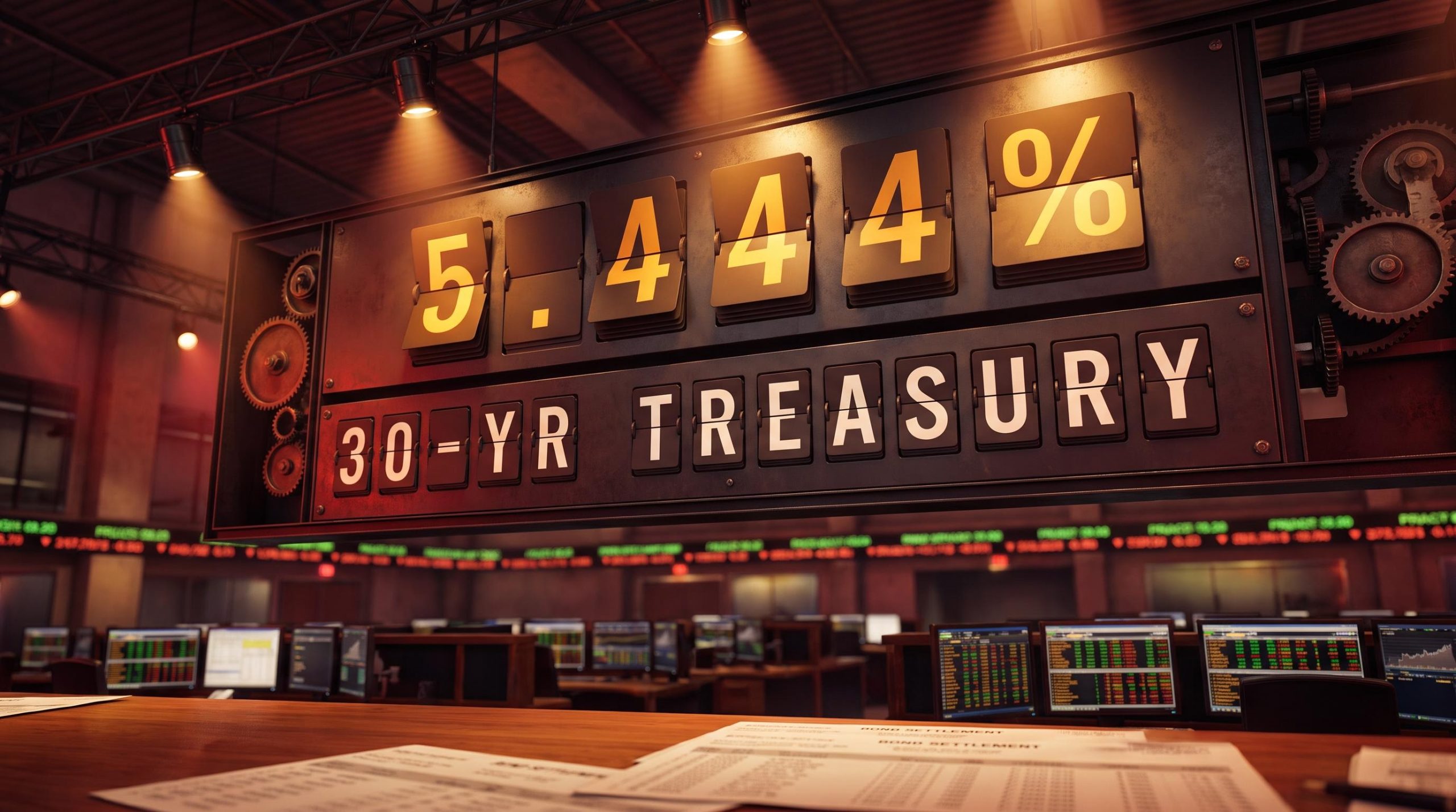 Split-flap trading board showing 30-year Treasury yield at 5.444%, highest since 2007, above a bond trading floor