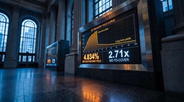 US Treasury yield curve terminal showing 4.834% auction yield and 2.71x bid-to-cover as long-end suppression holds