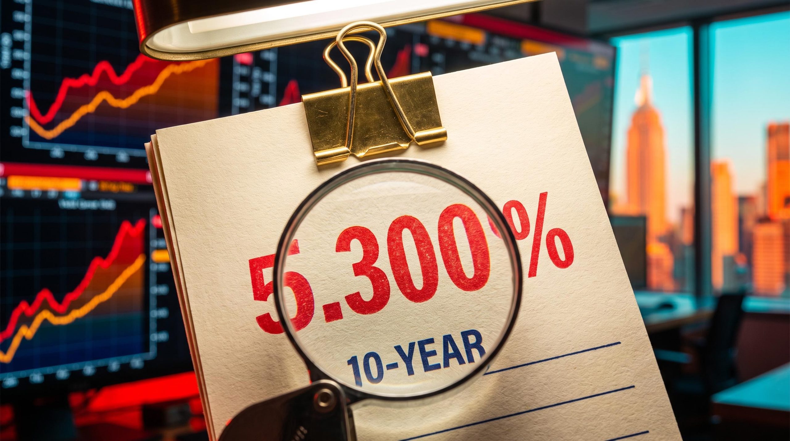 US Treasury yields analysis: 10-year auction slip stamped 5.300% under a loupe on a vivid red-lit bond trading floor